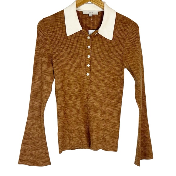 NWT LOFT Two Tone Bell Sleeve Ribbed Polo Sweater in Cocoa Powder - Picture 2 of 11